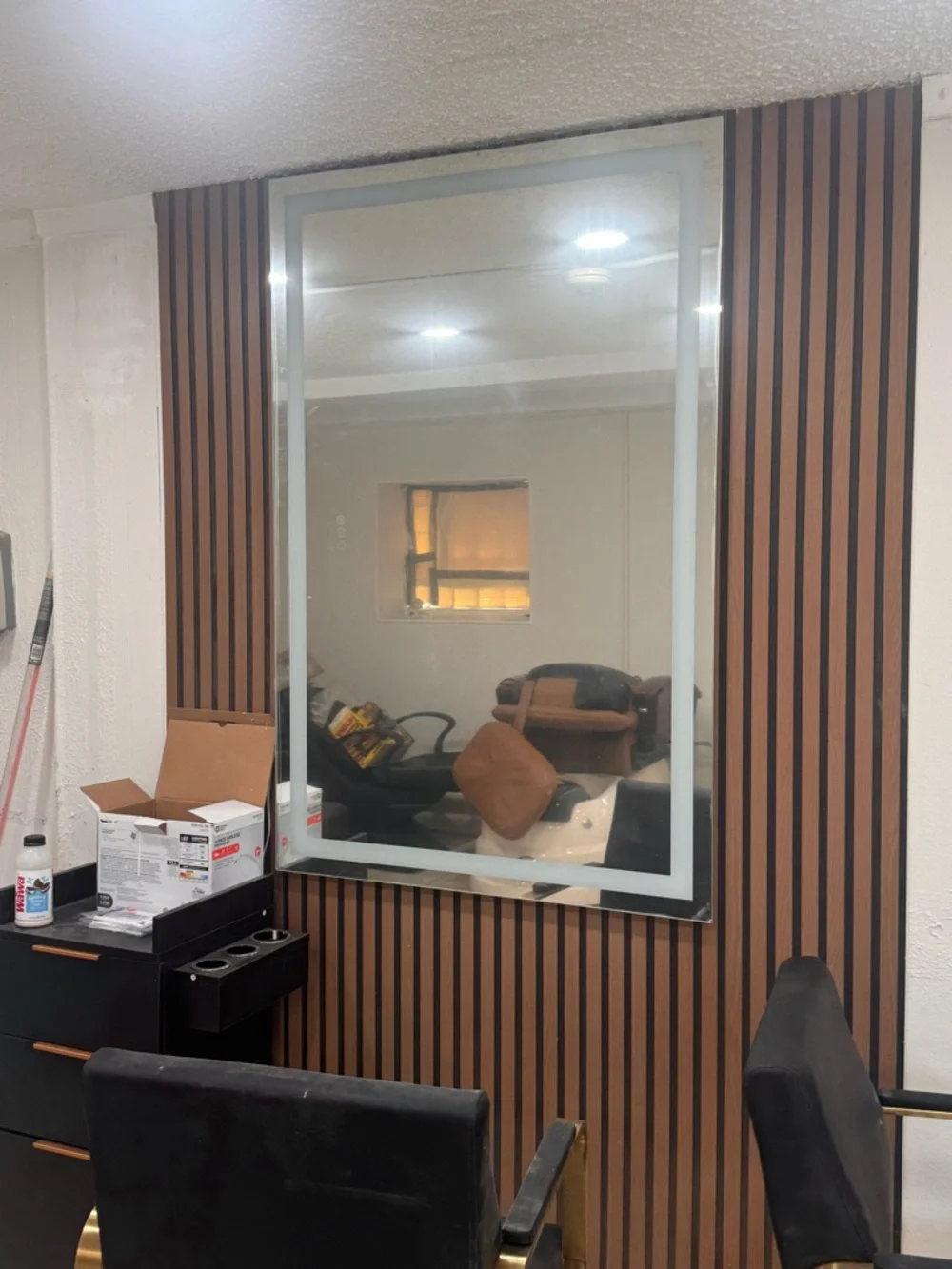 Modern Wall Mirror with Brown Slat Paneling - Unbranded